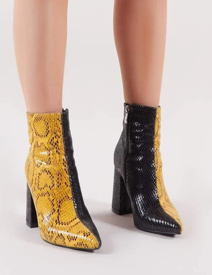 Women's Ladies Snakeskin Embossed Two Tone Block Heel Ankle Boots Shoes