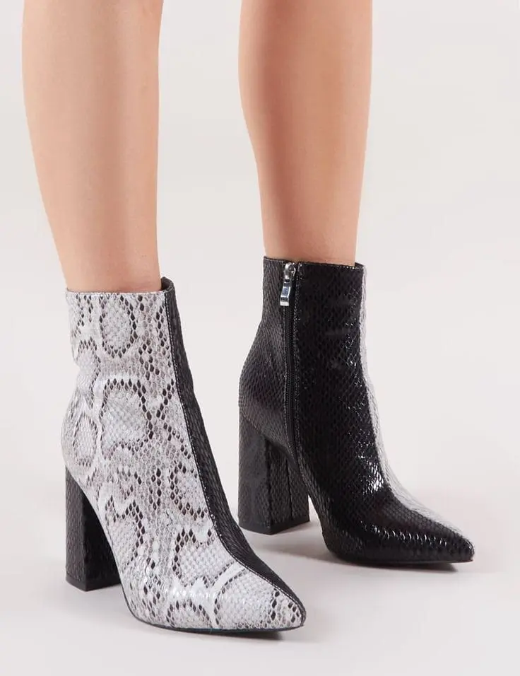 Women's Snakeskin Embossed Two Tone Block Heel Ankle Boots Shoes