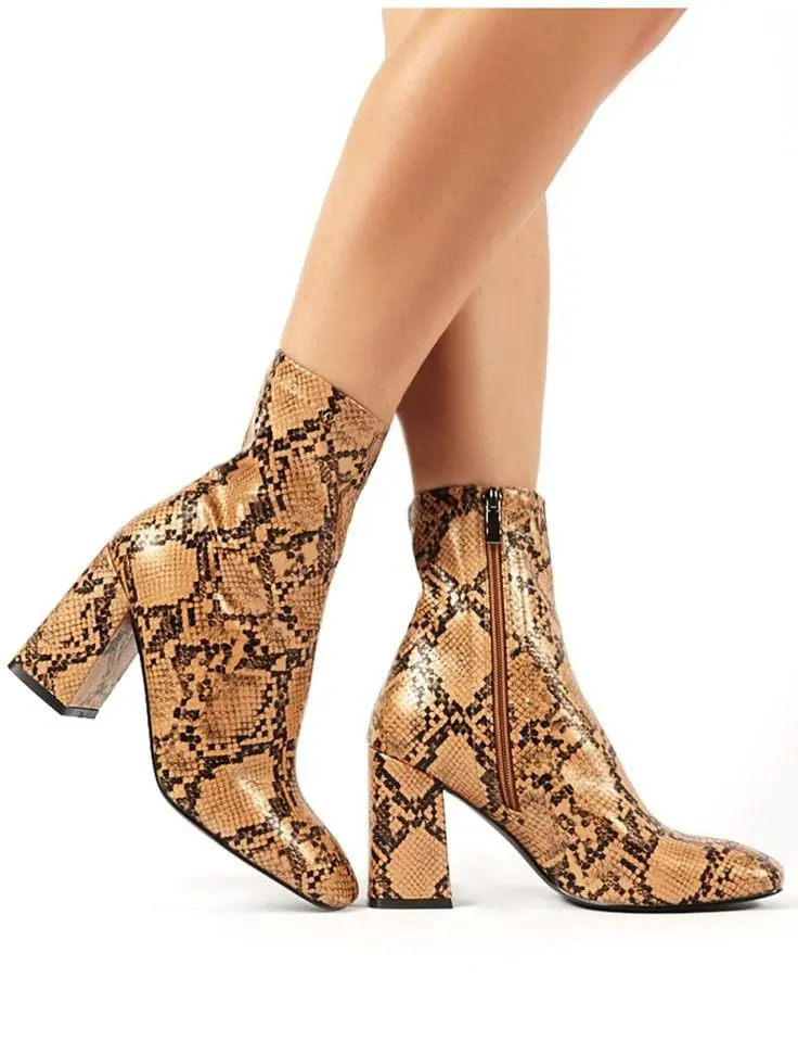 Tan Snakeskin Sock Fit Block Heeled Ankle Boots