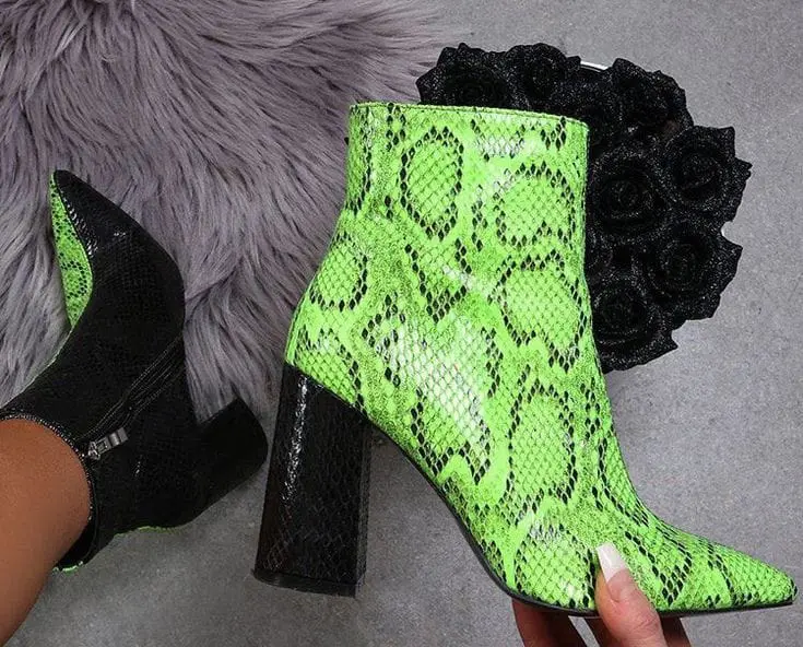 Snakeskin Sock Fit Block Heeled Ankle Boots