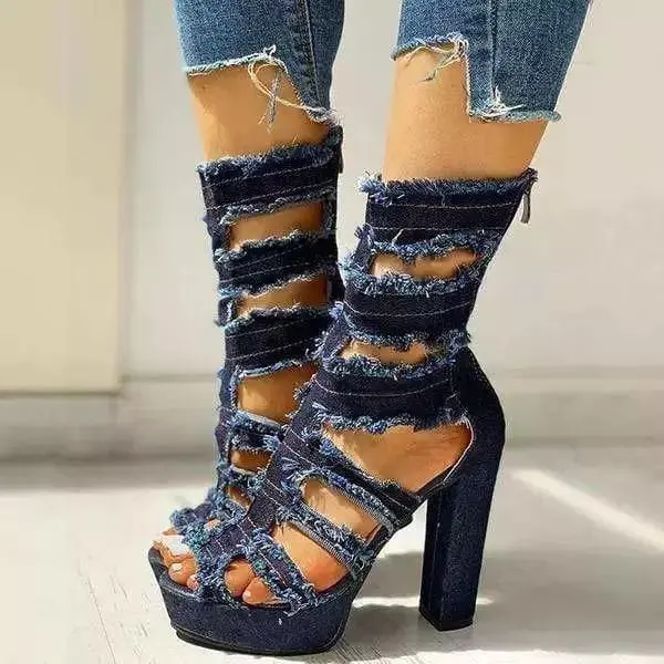Women's Denim Raw Edge Peep Toe Block Heel Platform Gladiator Sandals