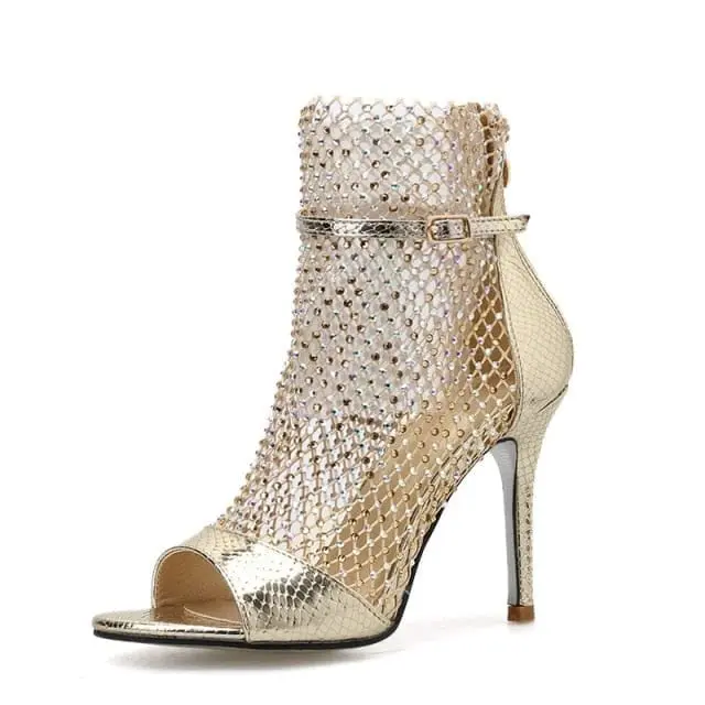 Embellished mesh peep toe ankle boots