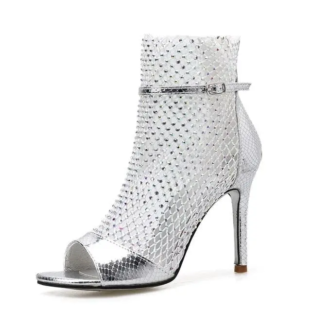 Embellished mesh peep toe ankle boots