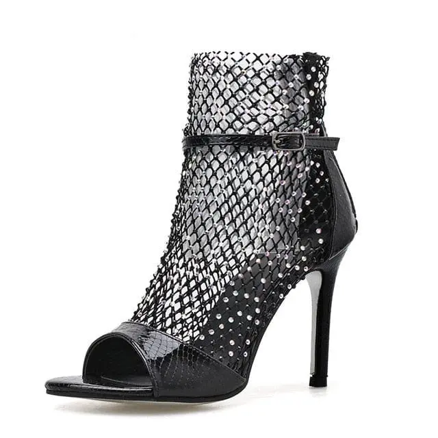 Embellished mesh peep toe ankle boots