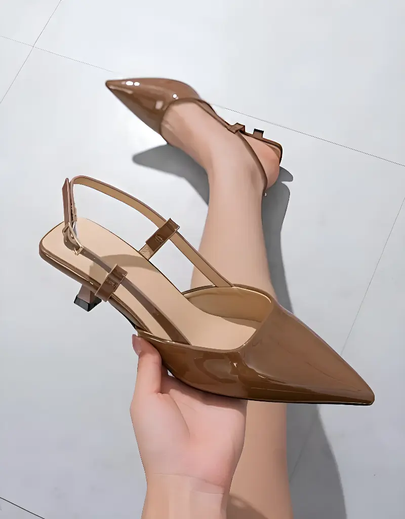 Women's Patent Pointed Toe Cutout Singback Spool Low Heel Pumps