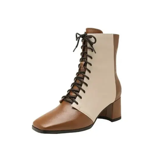 Boots for Women Clearance Deals! Verugu Western Cowboy Chunky Heel Ankle Boots for Women Thick-heeled Short Boots Lace-up Women's Matching Mid-heel Small Square Toe Boots