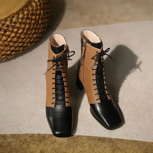 Boots for Women Clearance Western Cowboy Chunky Heel Ankle Boots for Women Thick-heeled Short Boots Lace-up Women's Matching Mid-heel Small Square Toe Boots