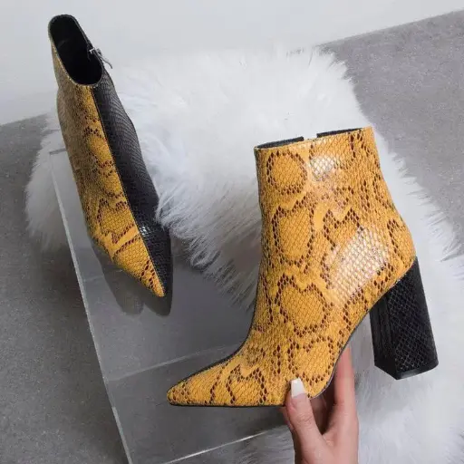 Yellow Snakeskin Sock Fit Block Heeled Ankle Boots