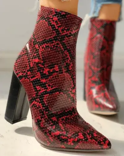 Red Snakeskin Sock Fit Block Heeled Ankle Boots