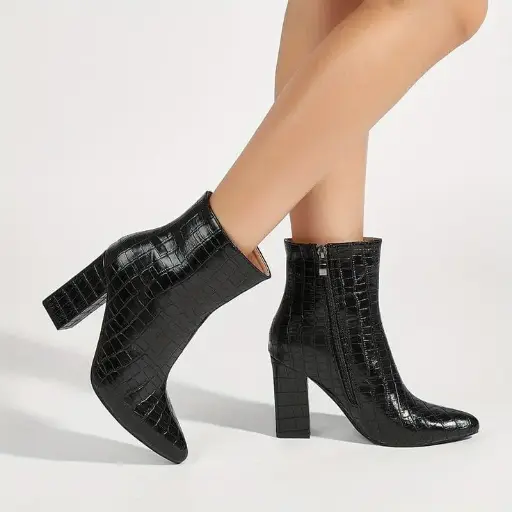 Women's Chunky Block Heel Pointed Toe Ankle Boots High Heel Ankle Booties with Zipper Winter Shoes
