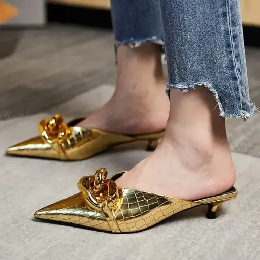 Women's Fashion Pointed Stiletto Heel Golden Pump Shoes