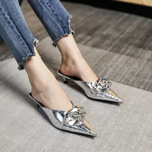 Women's Fashion Pointed Stiletto Heel Silver Pump Shoes