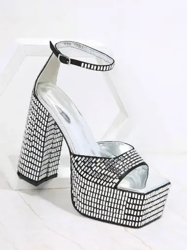 Mirror Embellished Flare Block Heel Sandals