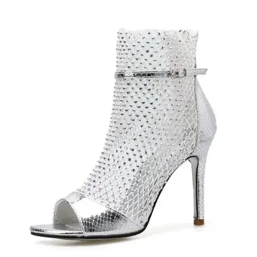 Embellished mesh peep toe ankle boots