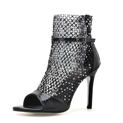 Embellished mesh peep toe ankle boots