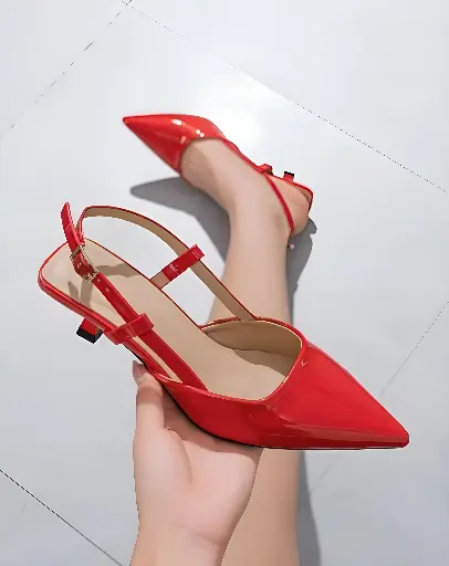 Women's Patent Pointed Toe Cutout Singback Spool Low Heel Pumps